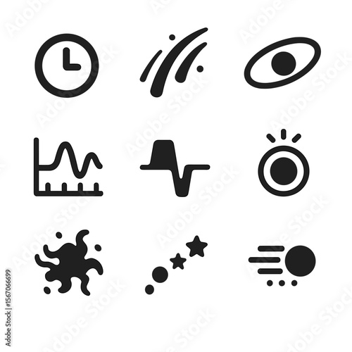 Astronomical Icon Set. Solid, filled icons set of astronomical time-lapse phenomena: time marker, light trail,