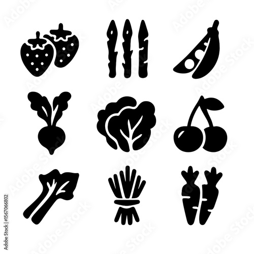 Black Icon Produce Grid. Solid, filled icon set of May fruits and vegetables: strawberries, asparagus, peas pod, radish, lettuce,