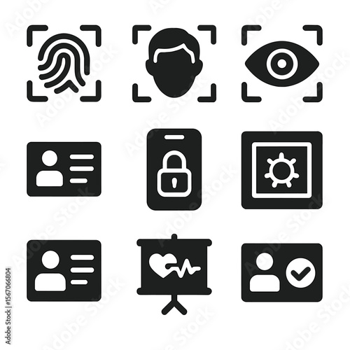 Biometric Health ID Icons. Solid, filled icons set of biometric health ID: fingerprint scan, facial