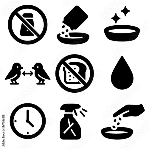 Bird Feeding Icons. Solid, filled icons set of bird feeding etiquette: no-salt sign, seed refill icon, clean