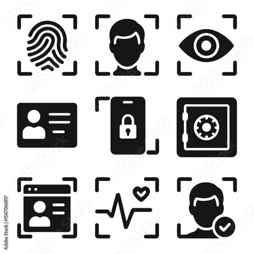 Biometric Health ID Icons. Solid, filled icons set of biometric health ID: fingerprint scan, facial