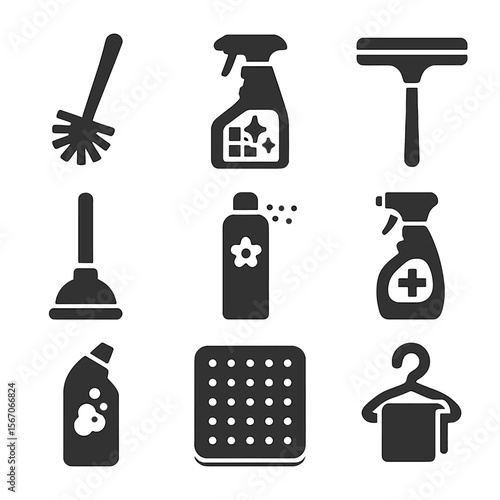 Bathroom Cleaning Essentials. Solid, filled icons set of bathroom cleaning tips: toilet brush, tile cleaner,