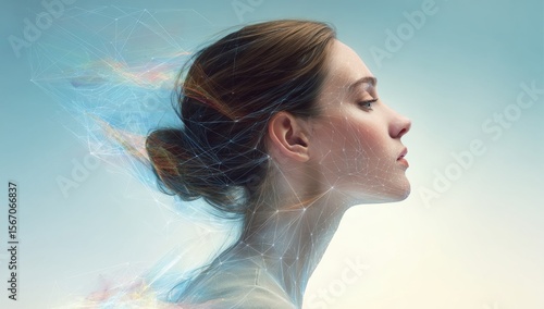 A modern dermatology clinic concept is depicted through a young woman's face with a digital skin analysis overlay, showcasing the integration of futuristic technology for precision diagnostic