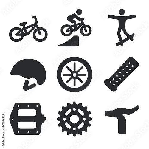BMX Icon Set. Solid, filled icon set of BMX and trick biking: BMX bike, ramp jump, trick pose, stunt helmet, spinning wheel, grip