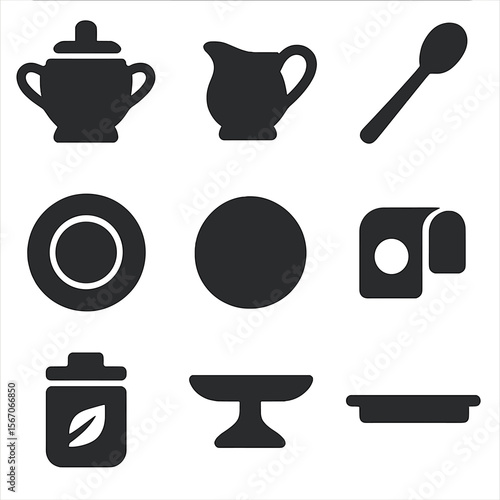 Black Tea Set Icons. Solid, filled icon set of tea service tableware: sugar bowl, creamer, teaspoon, saucer, dessert plate, napkin