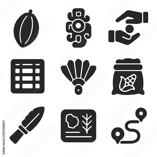 Aztec Mayan Icon Set. Solid, filled icons set of Aztec and Mayan commerce: cocoa bean, jade ornament, barter