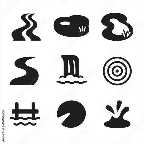 Black Solid Icons. Solid, filled icon set of lowland water features: stream, lake, pond, river bend, waterfall, water ripple, dock