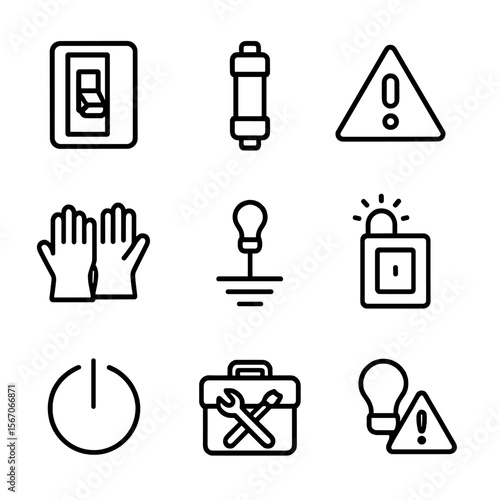 Lighting Safety Icons. Outline icon set of lighting safety and maintenance: circuit breaker switch, fuse icon, overload warning