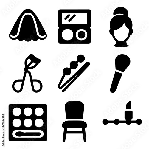 Bridal Beauty Icons. Solid, filled icons set of bridal and special event beauty: wedding veil, makeup kit,