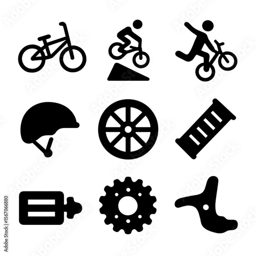 BMX Icon Set. Solid, filled icon set of BMX and trick biking: BMX bike, ramp jump, trick pose, stunt helmet, spinning wheel, grip