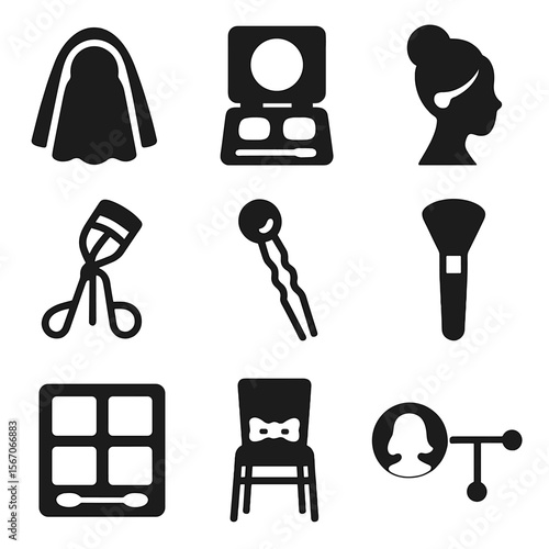 Bridal Beauty Icons. Solid, filled icons set of bridal and special event beauty: wedding veil, makeup kit,