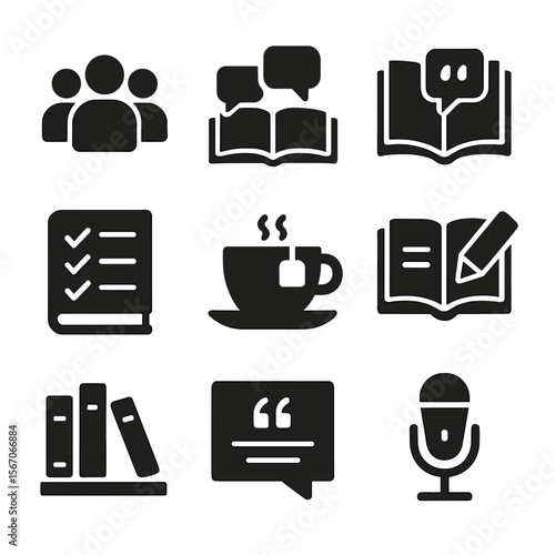 Book Club Icon Set. Solid, filled icons set of book club tools: group icon, open discussion, shared quote,