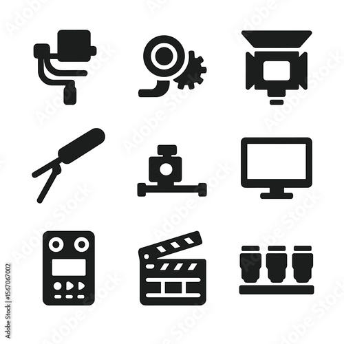 Cinematic Gear Icons. Solid, filled icon set of cinematic camera gear: shoulder rig, follow focus, matte box, boom mic, camera
