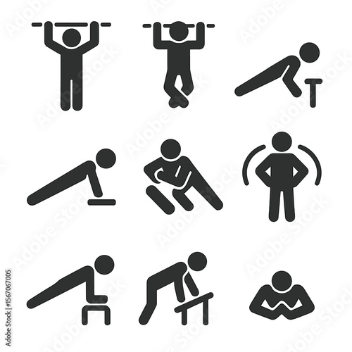 Bodyweight Exercise Icons. Solid, filled icon set of upper body bodyweight training: pull-up, chin-up, push-up, triceps dip,