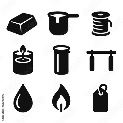 Candle Making Icons. Solid, filled icons set of candle making: wax block, melting pot, wick spool, jar candle,