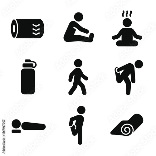 Bodyweight Recovery Icons. Solid, filled icon set of bodyweight exercise recovery: foam roller, stretching pose, deep breathing,