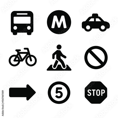 City Signage Icons. Solid, filled icon set of city transportation signage: bus icon, subway symbol, taxi stand, bike share,