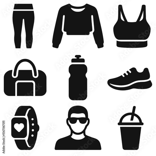 Celebrity Athleisure Icons. Solid, filled icons set of celebrity athleisure trends: yoga pants, cropped