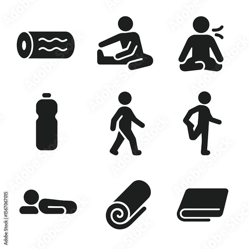 Bodyweight Recovery Icons. Solid, filled icon set of bodyweight exercise recovery: foam roller, stretching pose, deep breathing,
