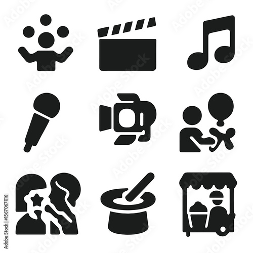 Circus Icon Set. Solid, filled icon set of circus crowd entertainment: juggling balls, clapperboard, music note, microphone,
