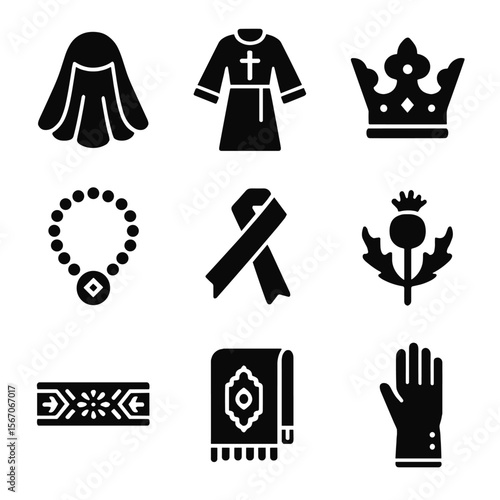 Ceremonial Fashion Icons. Solid, filled icons set of ceremonial fashion attire: wedding veil, religious robe,