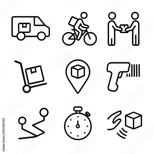 Logistics Icon Set. Outline icon set of last-mile logistics and parcel transfer: delivery van with parcel, bicycle courier