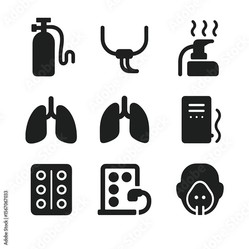 Chronic Respiratory Icons. Solid, filled icon set of chronic respiratory care: oxygen tank, nasal cannula, nebulizer, lung icon,
