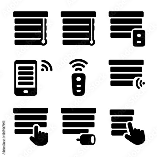 Blinds Control Icon Set. Solid, filled icon set of manual vs smart blinds: manual cord, twist rod, wall chain, motorized unit,