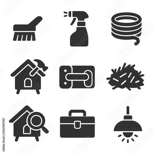 Chicken Coop Maintenance Icons. Solid, filled icons set of chicken coop maintenance: cleaning brush, spray