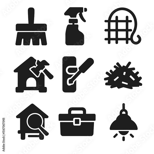 Chicken Coop Maintenance Icons. Solid, filled icons set of chicken coop maintenance: cleaning brush, spray
