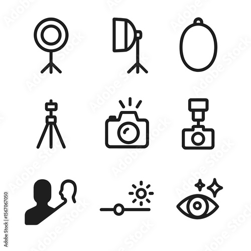 Makeup & Lighting Icons. Outline icon set of makeup and photography lighting: ring light on stand, softbox diffuser, reflector