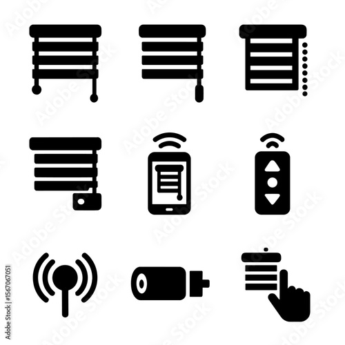 Blinds Control Icon Set. Solid, filled icon set of manual vs smart blinds: manual cord, twist rod, wall chain, motorized unit,