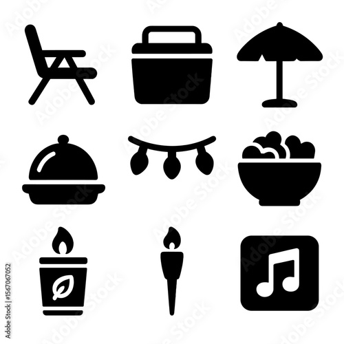 Backyard Party Icons. Solid, filled icons set of backyard party setup: folding chair, cooler box, patio