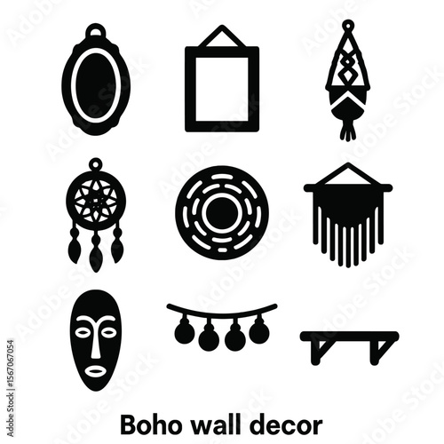 Boho Decor Icons. Solid, filled icon set of Boho wall decor: hanging mirror, photo frame, macrame plant hanger, dreamcatcher,