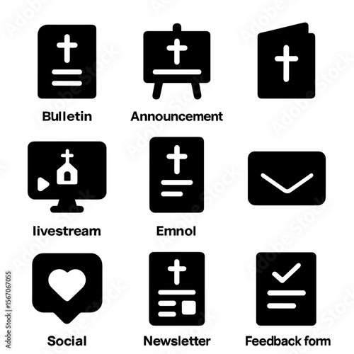 Church Service Icons. Solid, filled icon set of Church service communication: bulletin, announcement board, invitation, livestream