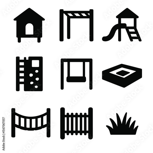 Backyard Play Icons. Solid, filled icons set of backyard play structures: playhouse, monkey bars, mini slide,