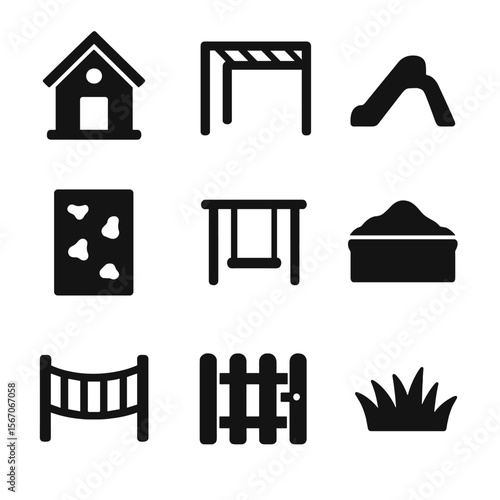Backyard Play Icons. Solid, filled icons set of backyard play structures: playhouse, monkey bars, mini slide,