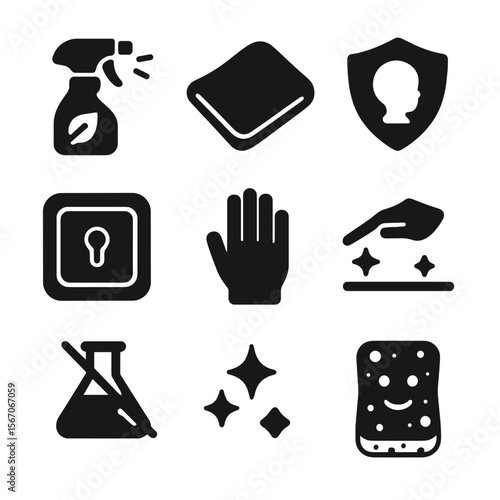Child-Safe Cleaning Icons. Solid, filled icons set of child-safe cleaning methods: non-toxic spray, soft cloth