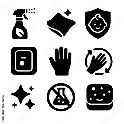 Child-Safe Cleaning Icons. Solid, filled icons set of child-safe cleaning methods: non-toxic spray, soft cloth