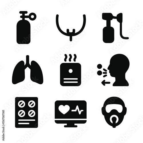 Chronic Respiratory Icons. Solid, filled icon set of chronic respiratory care: oxygen tank, nasal cannula, nebulizer, lung icon,
