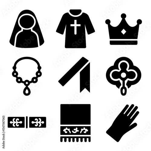 Ceremonial Fashion Icons. Solid, filled icons set of ceremonial fashion attire: wedding veil, religious robe,