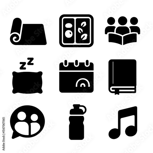 Balanced Student Icons. Solid, filled icons set of research student life balance: yoga mat, meal prep box,