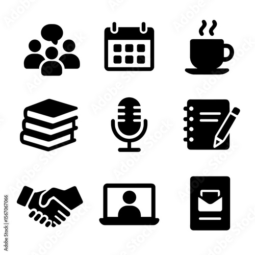 Book Club Icons. Solid, filled icon set of book club activities: group discussion, calendar, coffee cup, book stack, microphone,