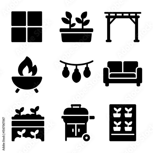Backyard Renovation Icons. Solid, filled icons set of backyard renovation ideas: patio tiles, planter box,