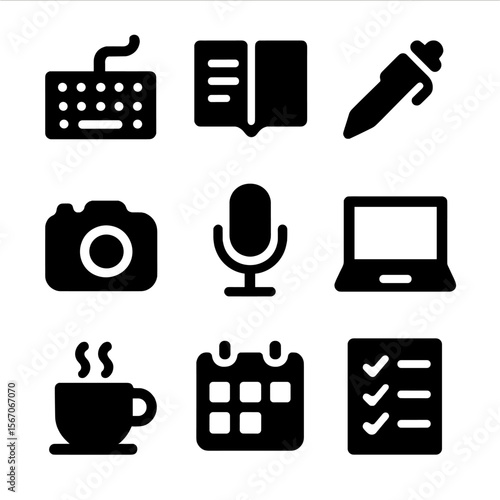 Blog Creation Icons. Solid, filled icon set of blog post creation: keyboard, notebook, pen, camera, microphone, laptop, coffee cup