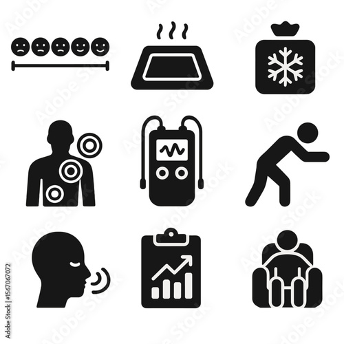 Chronic Pain Management Icons. Solid, filled icons set of chronic pain management in therapy: pain scale, heat