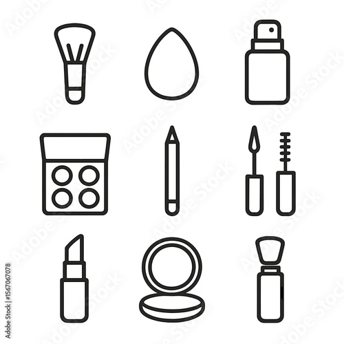 Makeup Tools Icon Set. Outline icon set of makeup transformation tools: makeup brush, beauty sponge, foundation bottle, concealer