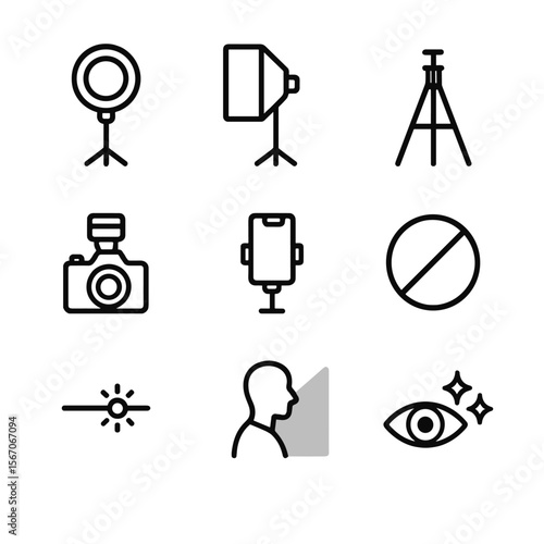 Makeup & Lighting Icons. Outline icon set of makeup and photography lighting: ring light on stand, softbox diffuser, reflector