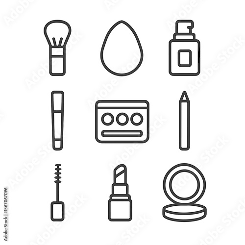 Makeup Tools Icon Set. Outline icon set of makeup transformation tools: makeup brush, beauty sponge, foundation bottle, concealer