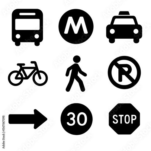 City Signage Icons. Solid, filled icon set of city transportation signage: bus icon, subway symbol, taxi stand, bike share,